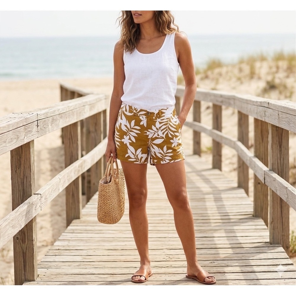 Old Navy Everyday Linen Blend Shorts Mustard Yellow White Tropical Leaf Print 10
